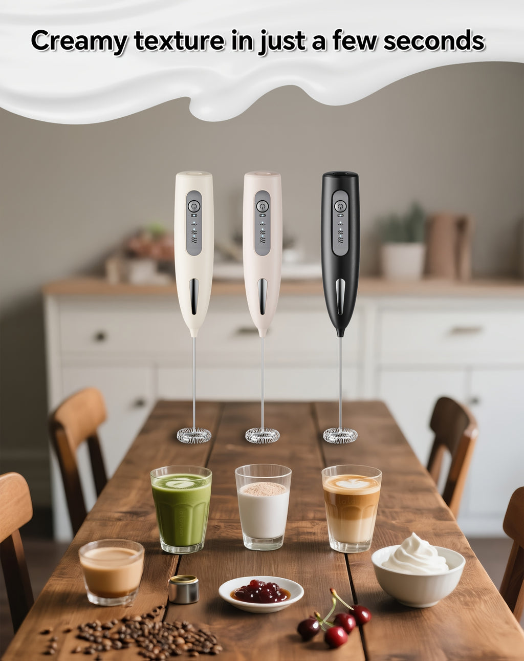 Electric Milk Frother with Three Speeds and USB Rechargeable Design, Four Color Labels with Foam Head or Egg and Frother Head Options for Home Coffee Preparation