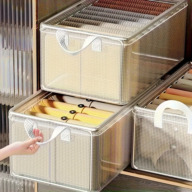Clothing Storage Box with Steel Frame, 26L Transparent PVC Closet Organizer for Seasonal Clothes and Everyday Bedroom Organization