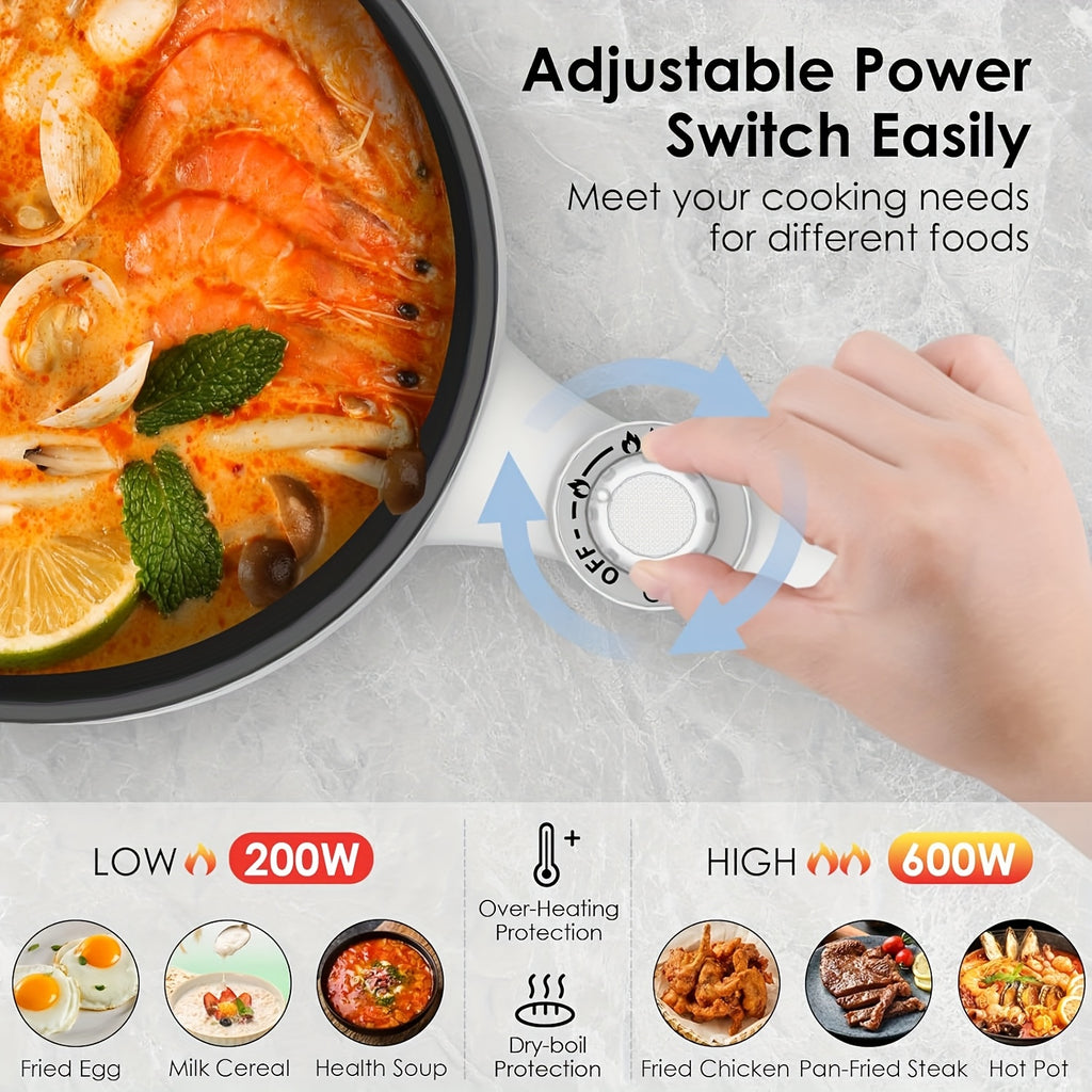 Electric Hot Pot with Steamer and Listed 57.48oz Capacity, Portable Nonstick Mini Skillet with Adjustable Power in Beige or Green for Noodles and Kitchen Meals