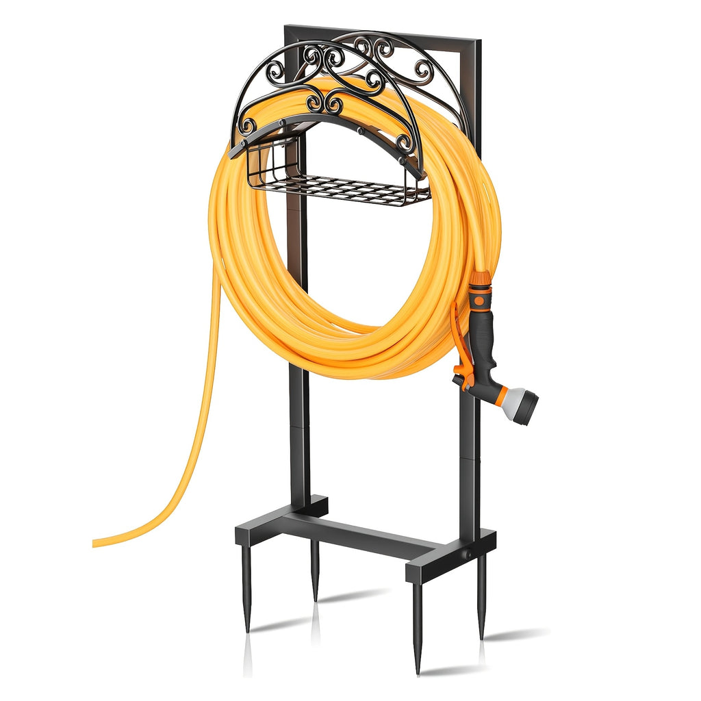 Metal Garden Hose Storage Rack, Black Detachable Outdoor Water Hose Holder with Single-Leg and Double-Feet Options for Garden, Patio and Lawn Organization