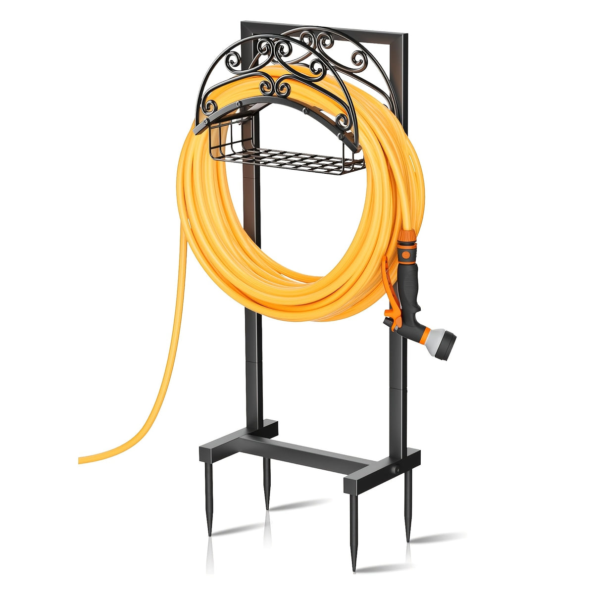 Metal Garden Hose Storage Rack, Black Detachable Outdoor Water Hose Holder with Single-Leg and Double-Feet Options for Garden, Patio and Lawn Organization