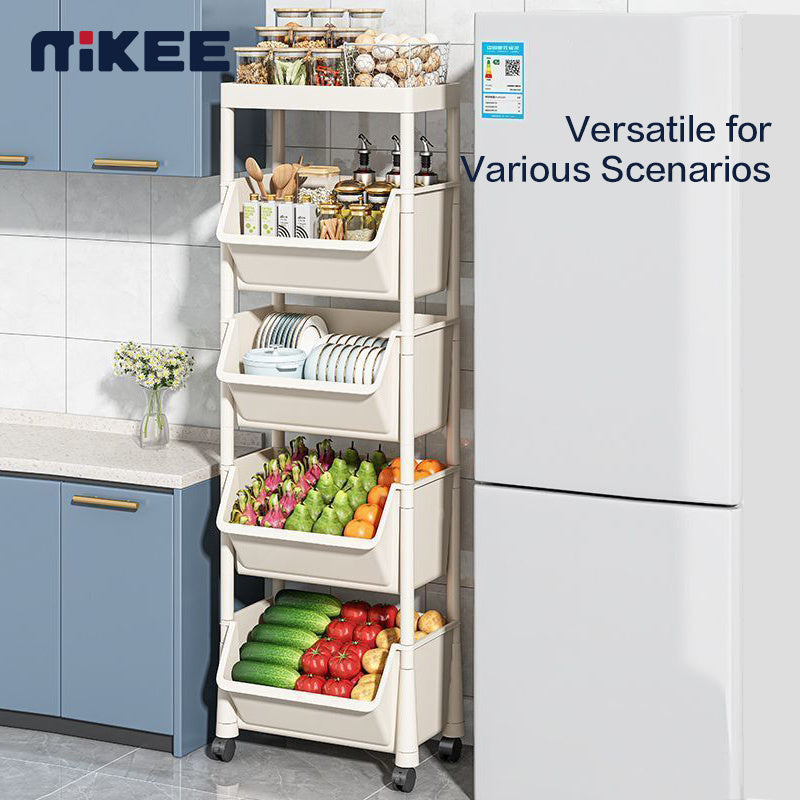 5-Tier Plastic Storage Rack with Open Shelves and Hooks, One Floor-Standing Organizer for Kitchen, Entryway, Shoes and Everyday Home Storage