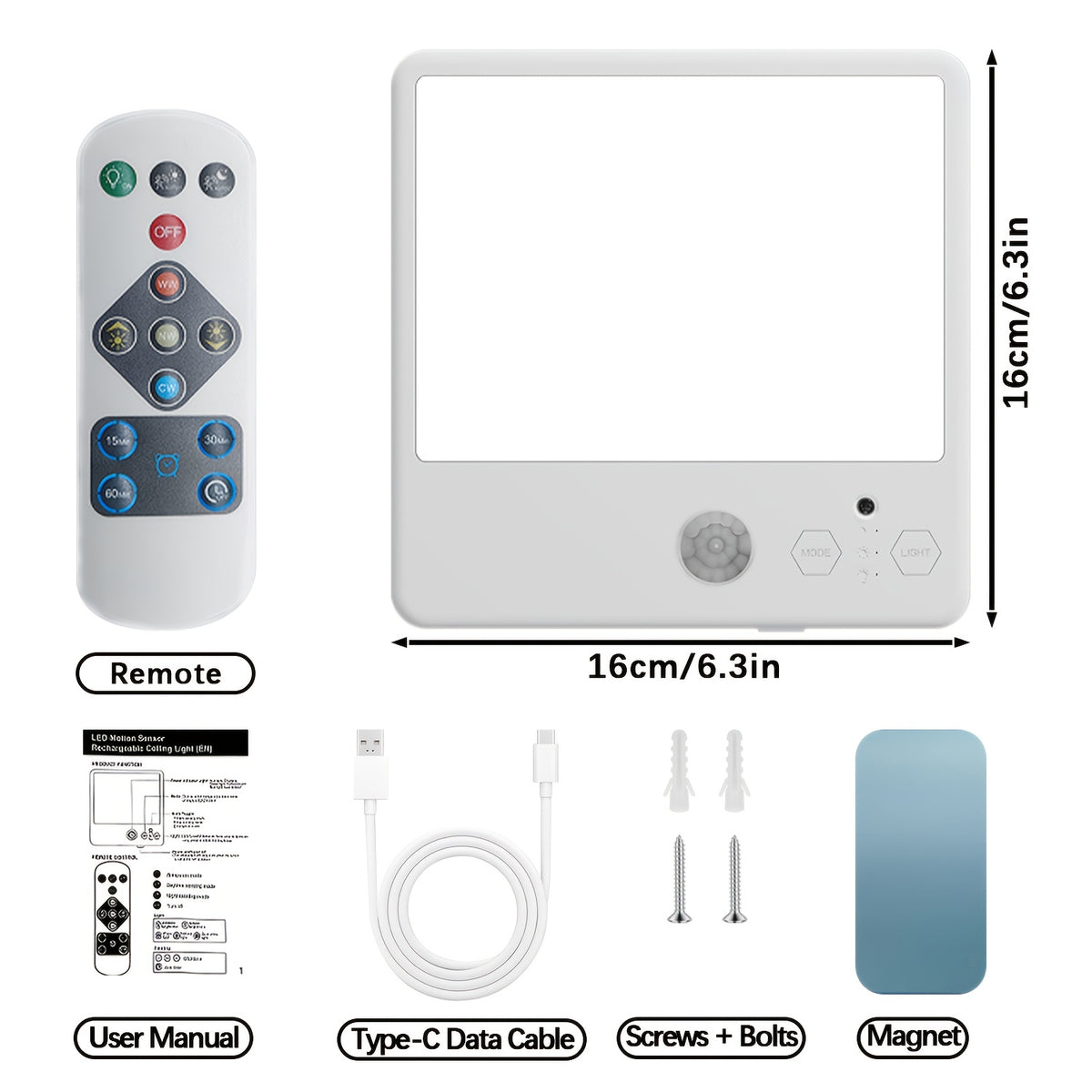 Remote-Controlled Rechargeable Ceiling Light with Listed Magnetic Mounting and Human Body Detection, One LED Lamp for Approved Indoor Hallway and Closet Locations
