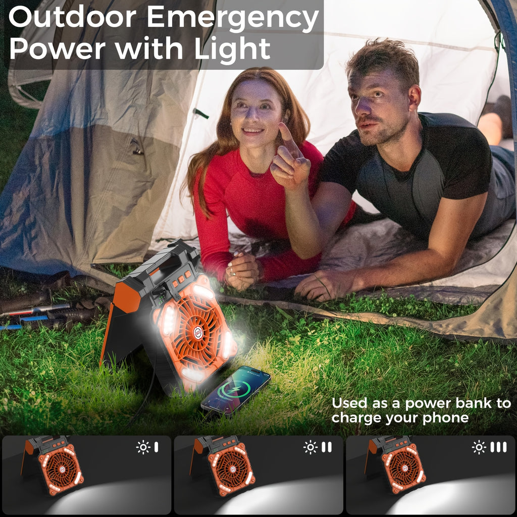 Solar Panel Camping Fan with LED Light, Listed 7800mAh Rechargeable Battery, USB Charging and Timer, Portable 2-in-1 Design in Orange or Green