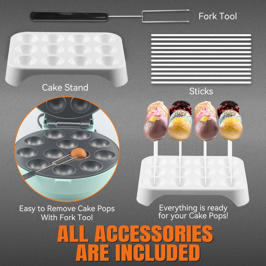 Cake Pop Maker Machine with Listed 12 x 1.6-Inch Baking Format, Red Flip or Aqua Options and Version-Specific Stand, Sticks and Fork Tool References