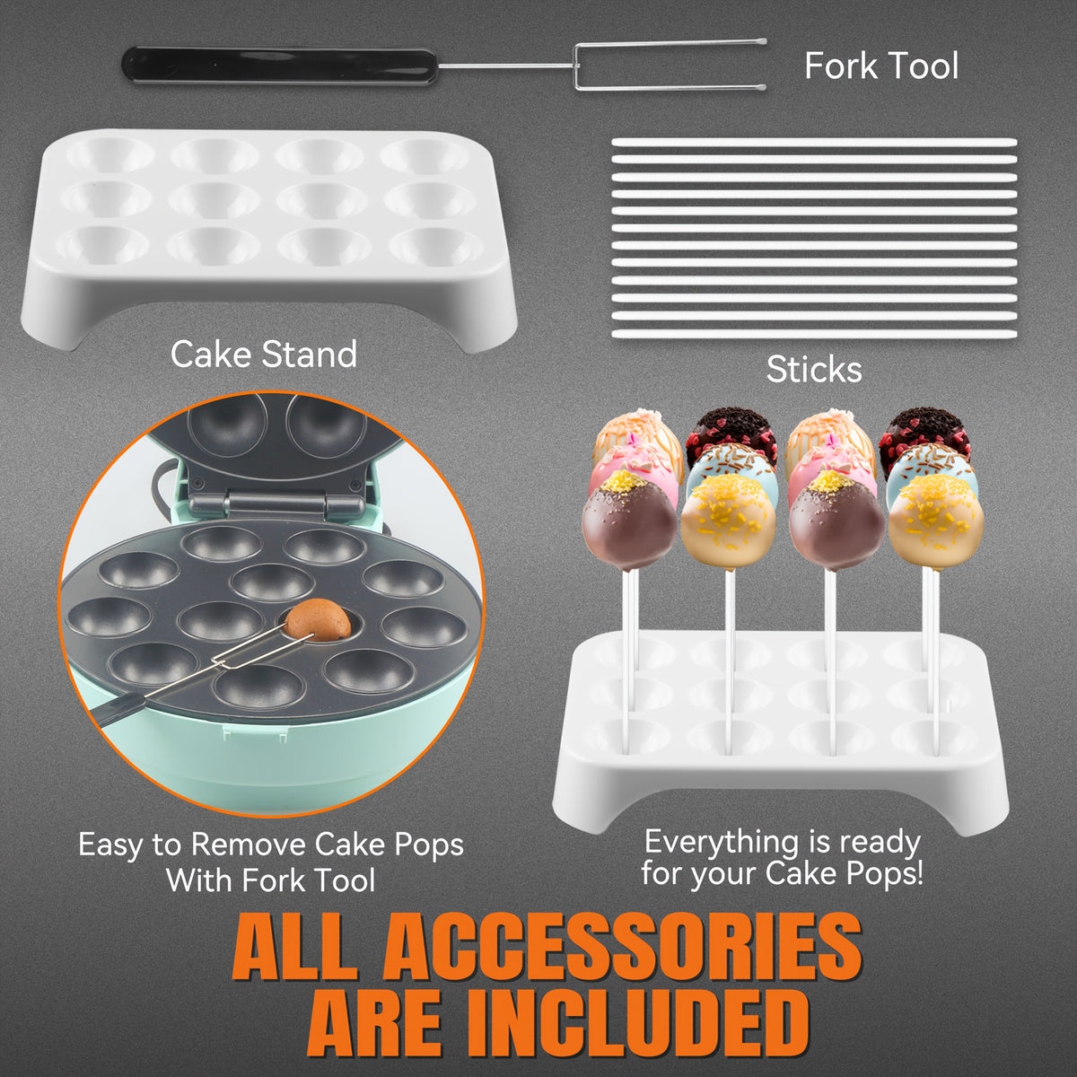Cake Pop Maker Machine with Listed 12 x 1.6-Inch Baking Format, Red Flip or Aqua Options and Version-Specific Stand, Sticks and Fork Tool References