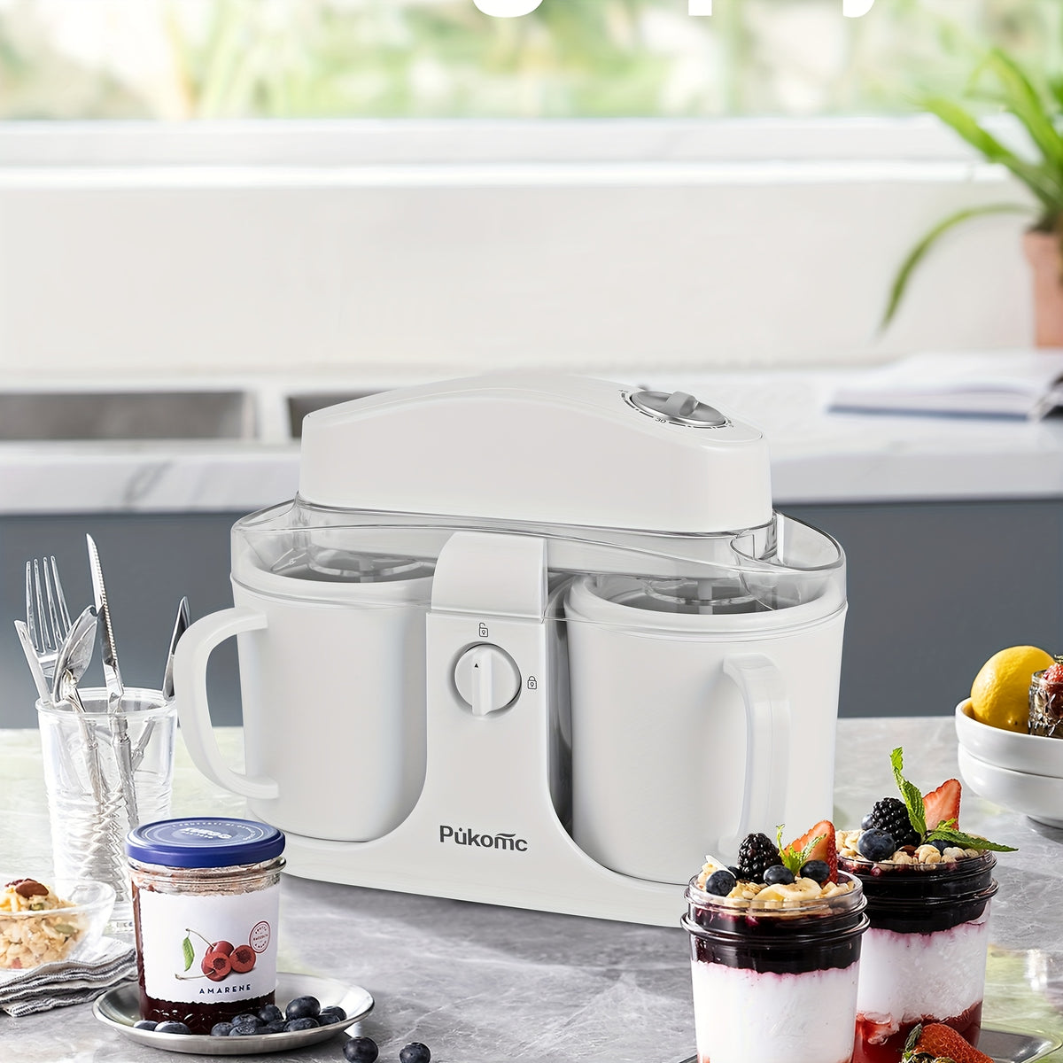 Automatic Ice Cream Maker for Home, Two-Cup Design Makes Two Flavors of Ice Cream, Sorbet and Frozen Yogurt at Once, Healthy Ingredients Control, Easy-Clean Separated Cups, Summer Dessert Machine for Kids Parties and Family