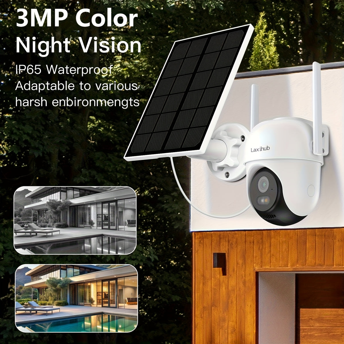 Laxihub GO2T Security Camera with 3MP 1296P Video, 2.4GHz WiFi, Pan-Tilt View, Color Night Vision and Two-Way Audio, Camera or Solar Panel Package Options