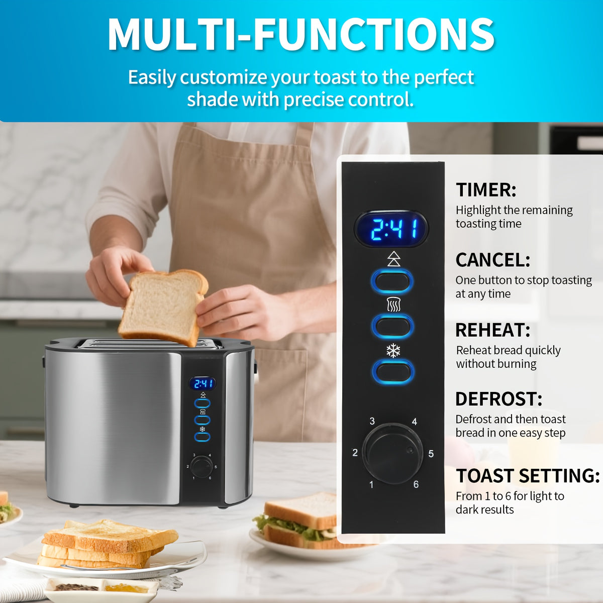 Wide Slot Toaster by TESSLUX, 2-Slice Stainless Steel Breakfast Toaster with Six Toast Settings, Reheat, Defrost, Cancel, Warming Rack and Countdown Timer