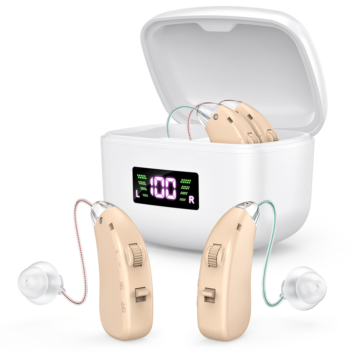 Rechargeable Hearing Amplifier with Listed Magnetic Charging Case, Silicone Ear Tips and Adjustable Listening Wording in TM802 Brown or Silvery Options for Adults