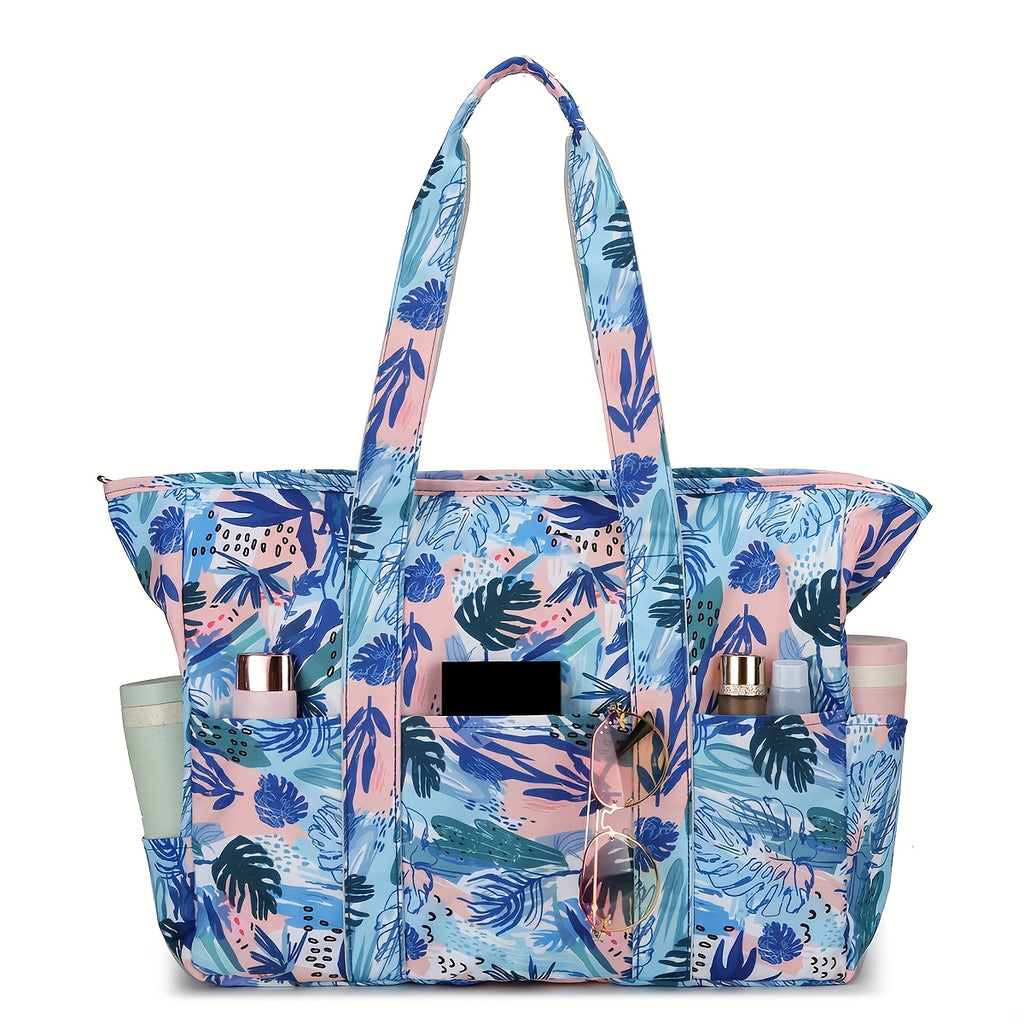 Beach Tote Bag for Women with Wet and Dry Pocket, Pool Swim Carry Bag for Summer Vacations and Travel in Blue Leaf, Red Leaf or Black