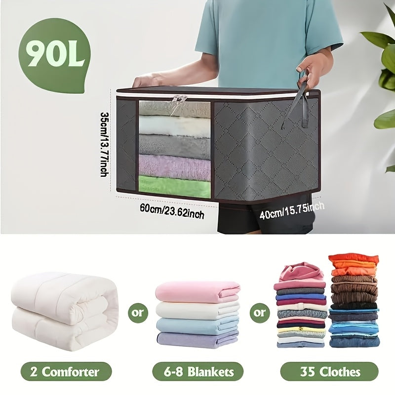 Foldable Bedding Storage Bags with Zipper Lids and Reinforced Handles, Grey Non-Woven Clothing Organizers in 2 or 4 Piece Packs for Seasonal Closet Storage
