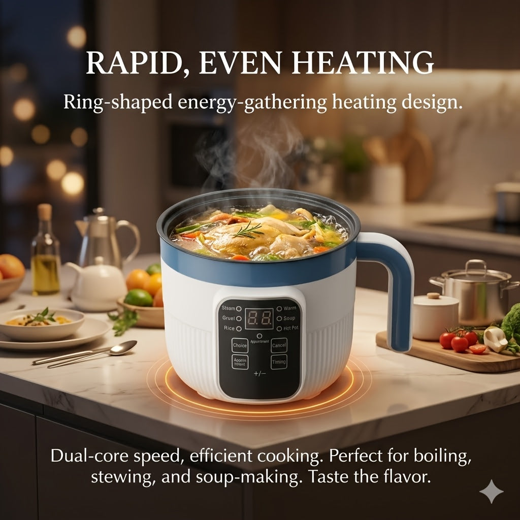 Multifunctional Electric Cooking Pot, Smart Mini Steamer and Frying Pan with 6 Cooking Modes, Double-Layer Non-Stick Interior and Overheat Protection, All-in-One Cooker for 1-2 People