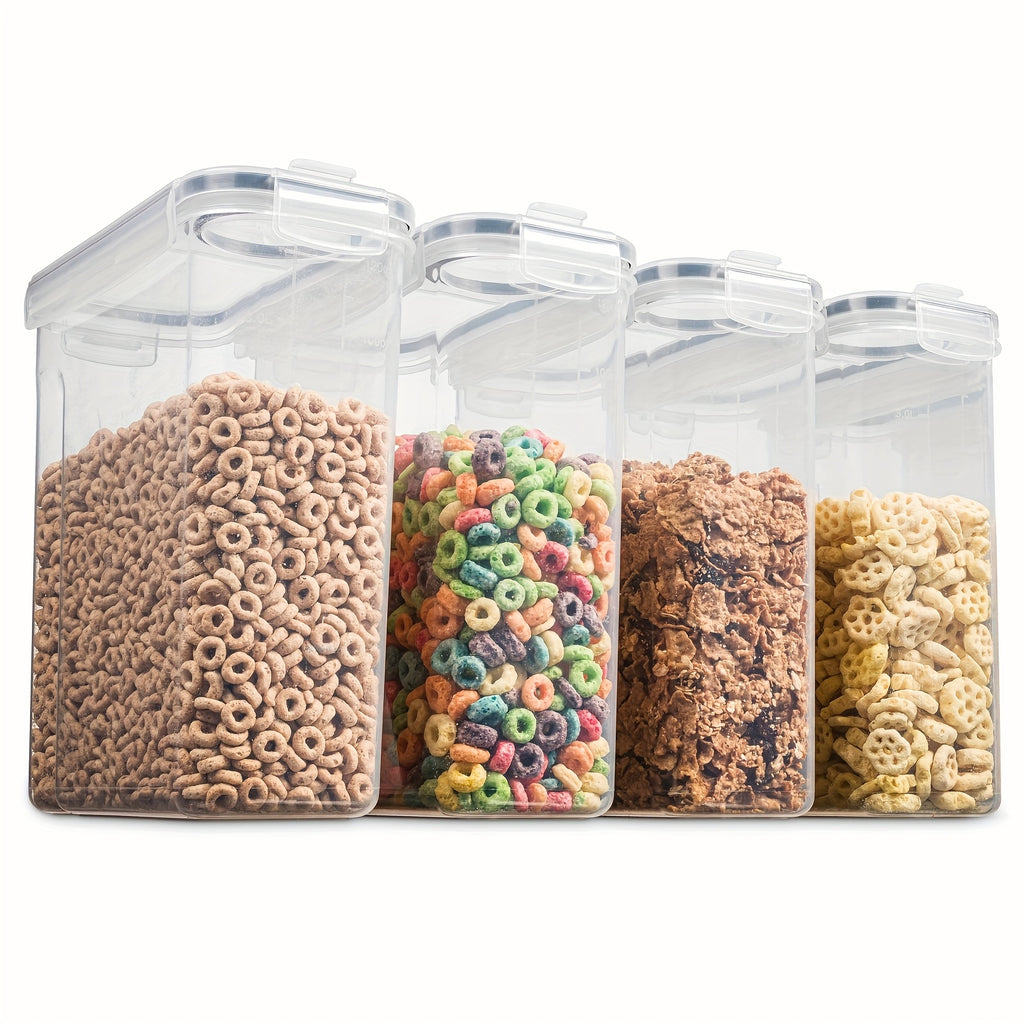 Cereal Storage Containers with Flip-Top Closures, Four Plastic Pantry Containers with Listed 135oz Capacity Each, One Measuring Cup and 20 Labels for Dry Goods