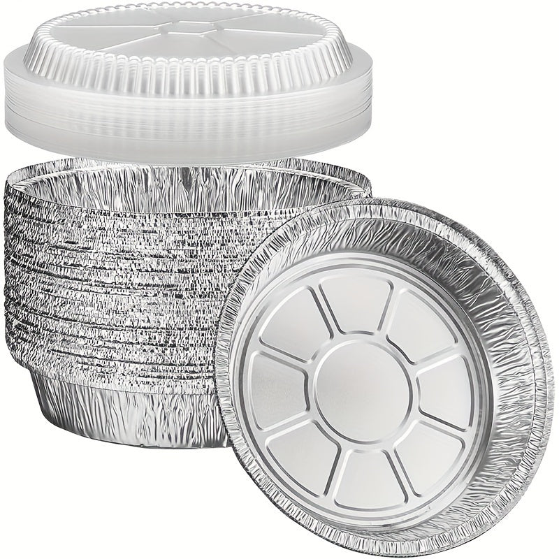 7-Inch Round Foil Baking Pans with Lids, Silvery Disposable Aluminum Set of 20 Bases and 20 Covers for Birthday Parties, Holiday Meals and Food Serving