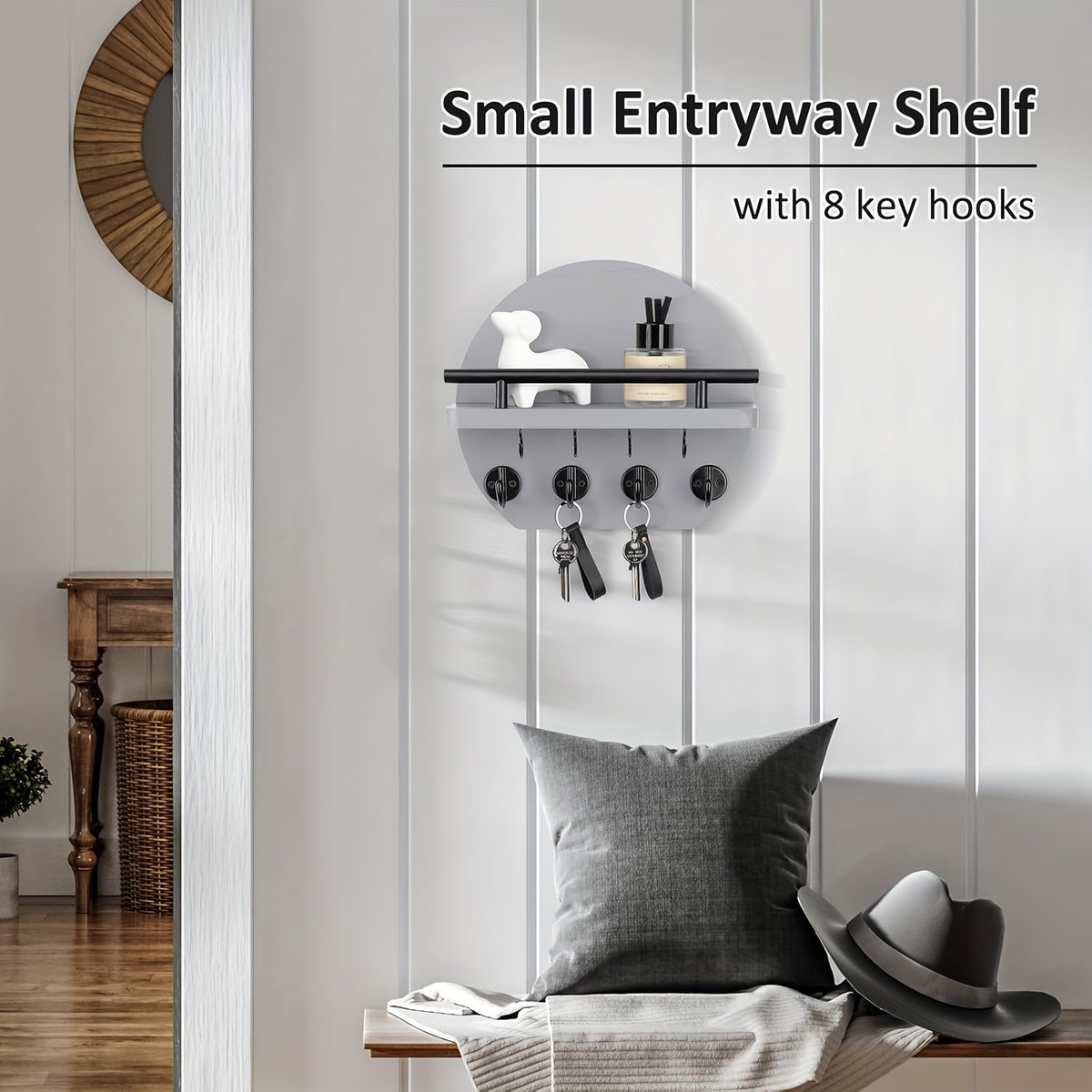 Key Holder with Shelf and Eight Hooks, Round Wooden Wall-Mounted Entryway Organizer in Brown or Natural for Hallway Keys and Everyday Small Accessories