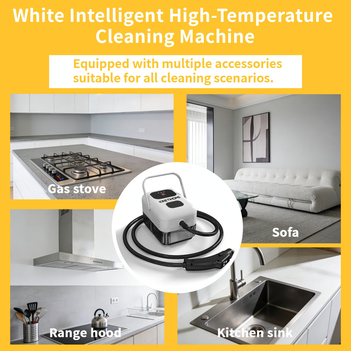 Handheld Steam Cleaner, High-Temperature Steam Cleaning Machine for Whole Home, Multi-Surface Steamer for Kitchen Grease, Bathroom Grout, Sofa, Car & Upholstery, KINETIHOME White
