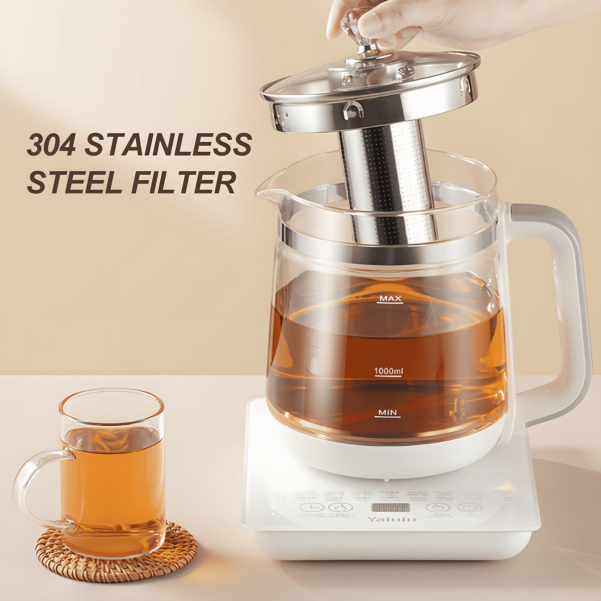 18 Smart Functions Glass Health Kettle, 1.8L/60.87Oz Electric Tea Kettle with Infuser, Removable Filter and Egg Steamer, Multifunctional Kettle for Boiling Water, Coffee, Porridge, Soup, Stew and Slow Cooking, US Plug