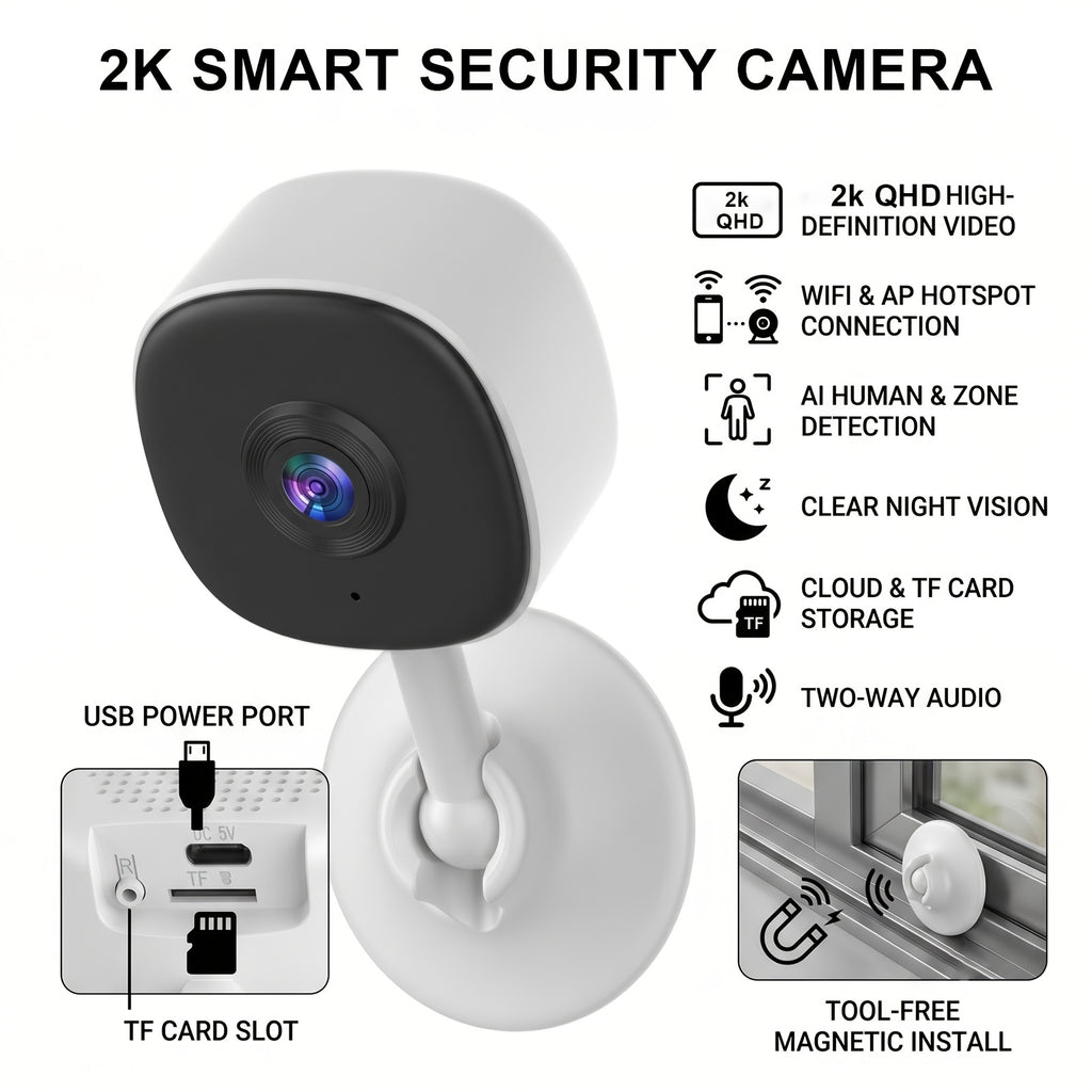 Magnetic Mount Indoor Security Camera 2K with Dual-Band WiFi, Night Vision, Two-Way Audio and AI Detection Alerts, USB-Powered Home Monitoring Camera