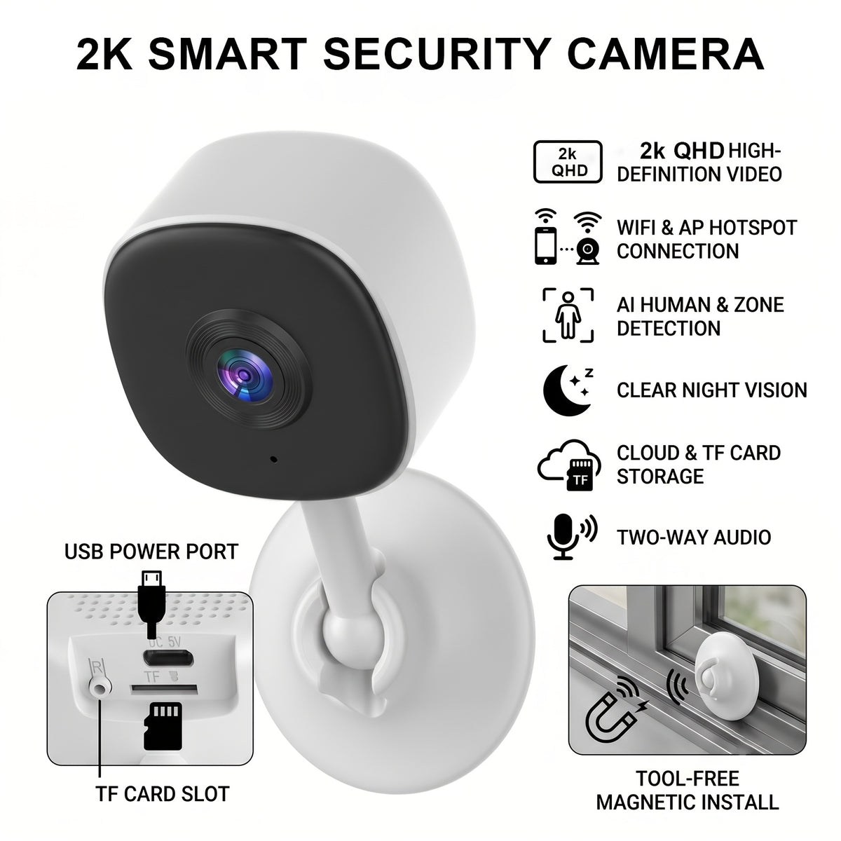 Magnetic Mount Indoor Security Camera 2K with Dual-Band WiFi, Night Vision, Two-Way Audio and AI Detection Alerts, USB-Powered Home Monitoring Camera