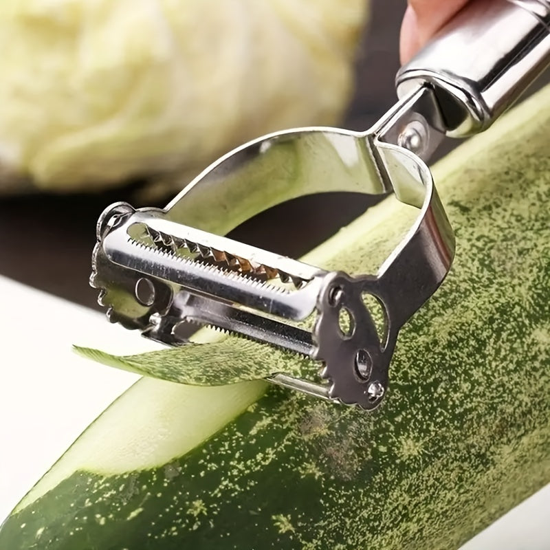 Multi-Use Fruit and Vegetable Peeler in Silvery Stainless Steel, Single Manual Kitchen Tool with Slicing, Grating and Shredding References for Home and RV Meal Prep