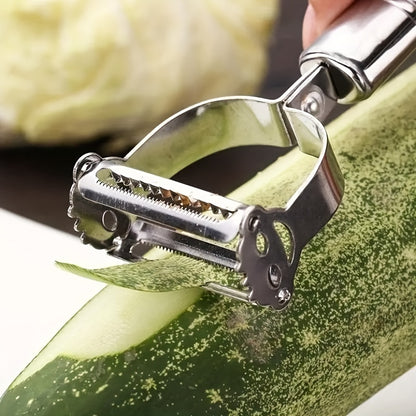 Multi-Use Fruit and Vegetable Peeler in Silvery Stainless Steel, Single Manual Kitchen Tool with Slicing, Grating and Shredding References for Home and RV Meal Prep