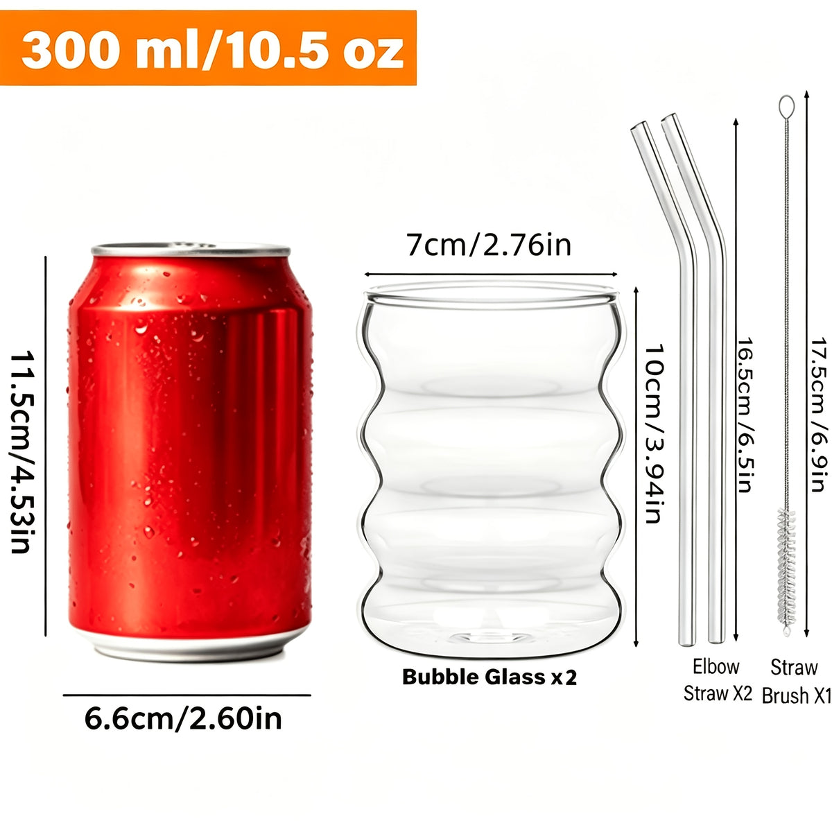 Borosilicate Glass Cup Set with Straws, 2-Piece Caterpillar-Style Single-Wall Drinkware for Iced Coffee, Juice, Milk and Tea Serving at Home or Brunch