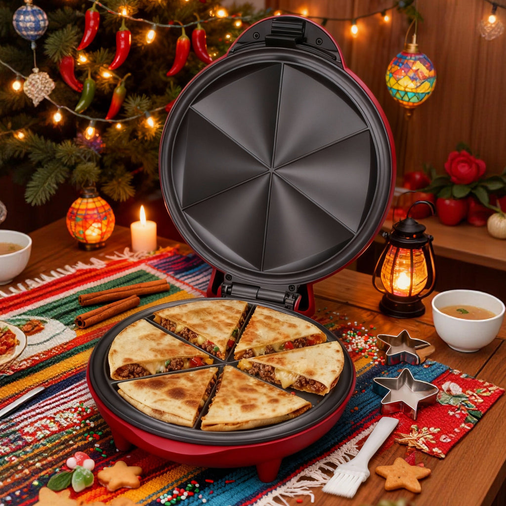Electric Quesadilla Maker with Listed 9.5-Inch Size, Six-Wedge Design, Extra-Filling Wording and Non-Slip Feet for Home Grilled Cheese Meals in Red or Graphite