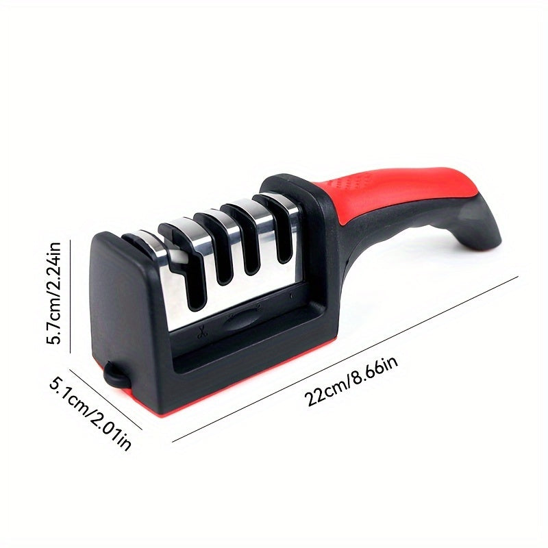 4-Stage Knife Sharpener with Non-Slip Grip, Red and Black Kitchen Edge-Care Tool with Listed Tungsten, Diamond and Ceramic Abrasives for Compatible Knives