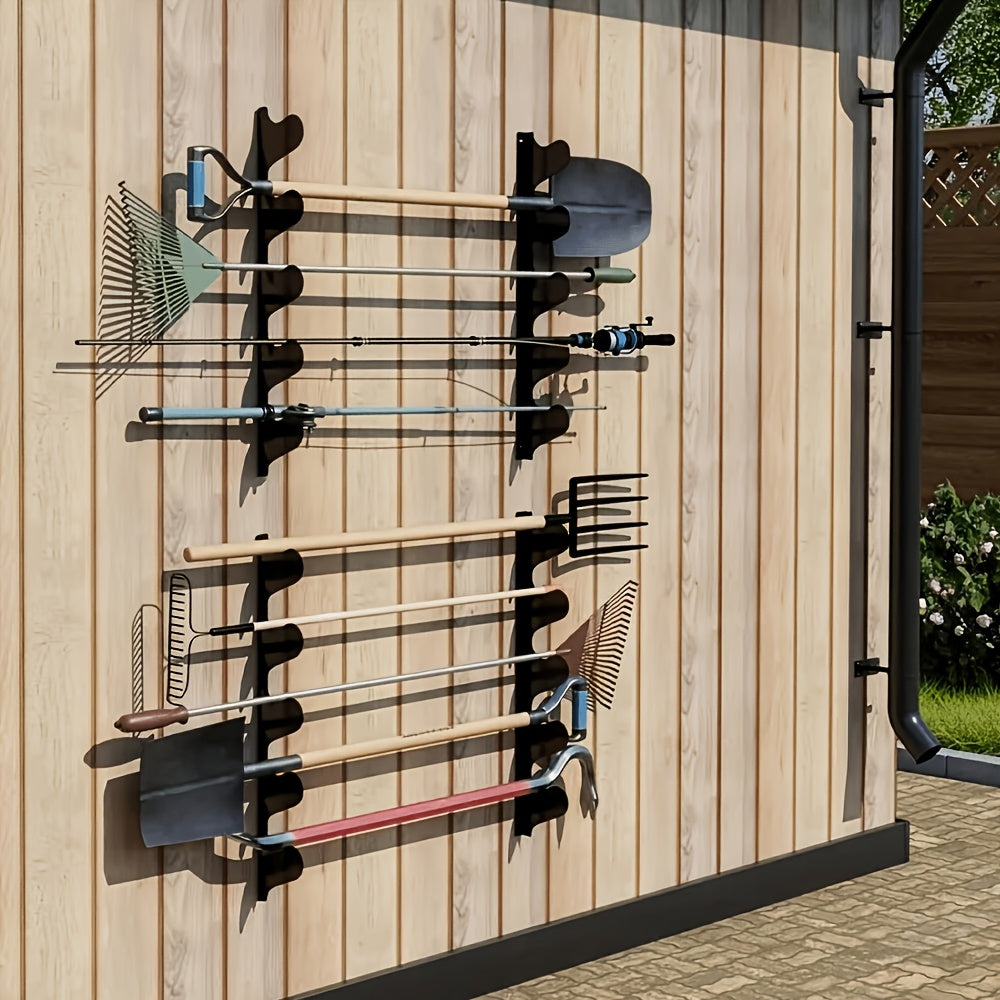 Wall Mount Tool Rack 2-Pack in Black, Space-Saving Garden and Garage Tool Organizer for Shed Storage, Home Workshops and Utility Areas