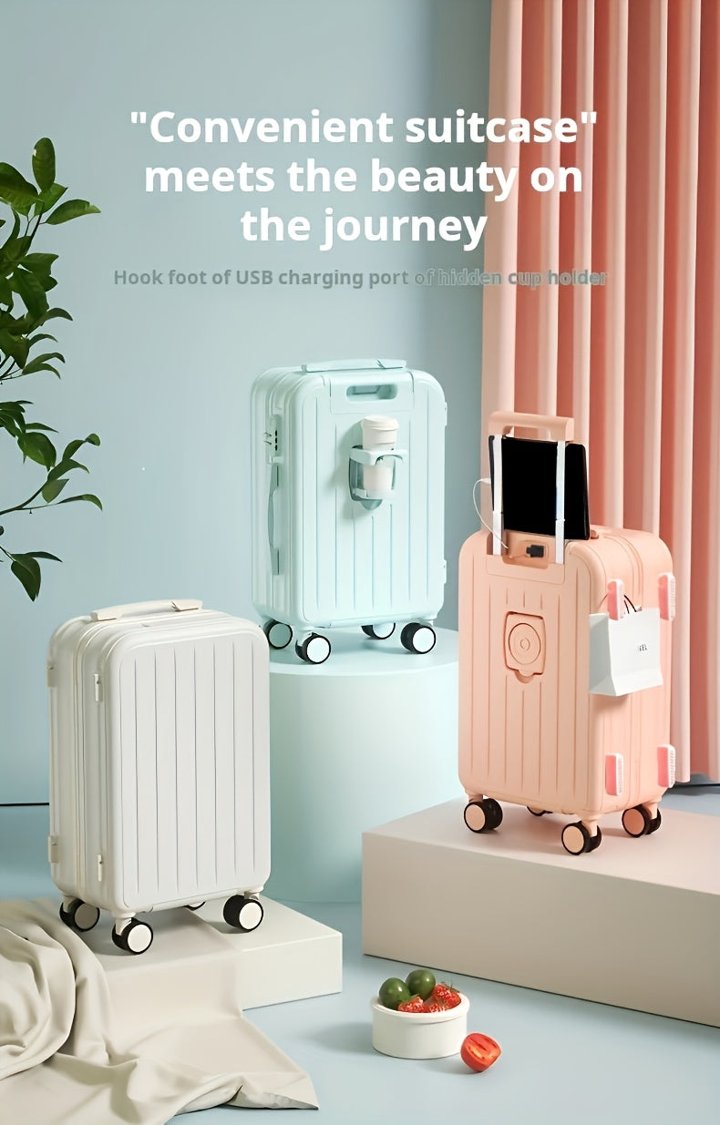 Hard-Shell Trolley Luggage with Zipper Closure and Solid-Color Design, Listed 20-Inch Pink, White, Yellow or Blue Set Labels and Dark Grey Single-Case Option