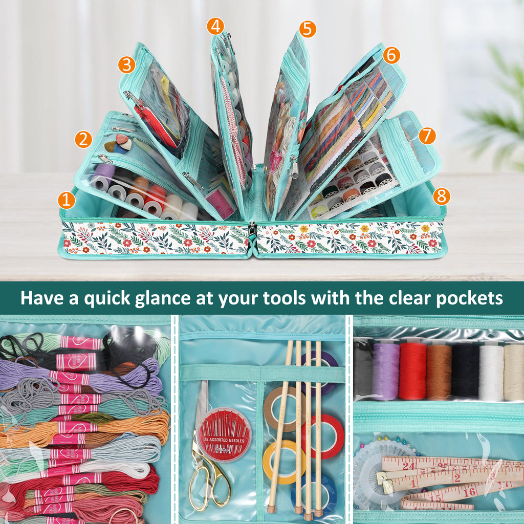 Sewing and Craft Storage Tote by FINPAC, 800D Polyester Organizer with Clear PVC Pockets and Two Top Handles, 13 x 4.5 x 10.5 Inches, Five Styles, Bag Only