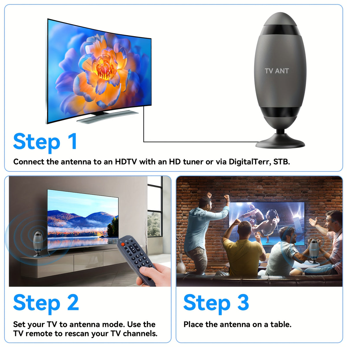 Rugby-Shaped Indoor HDTV Antenna in Black with Listed VHF and UHF Support, 4K and 1080P Compatibility Wording for Suitable Television Broadcast Reception