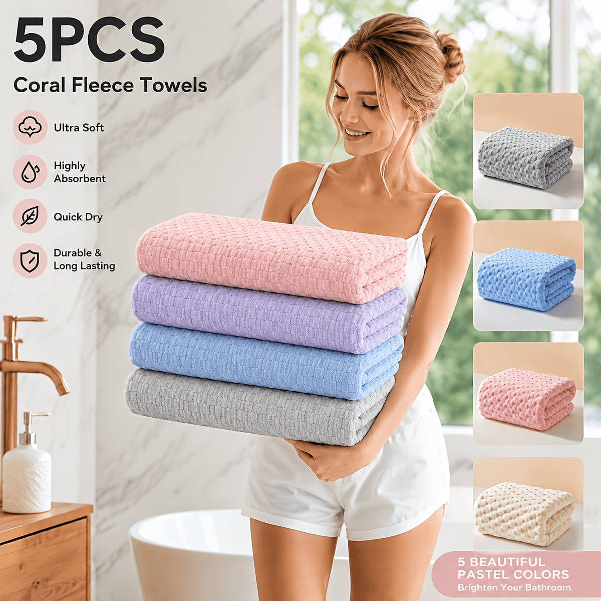 Coral Fleece Bath Towel Set with Hair Drying Cap, Five-Piece Bundle Featuring Four 27 x 55 Inch Plush Towels and Listed Hanging Loops for Home Shower Routines