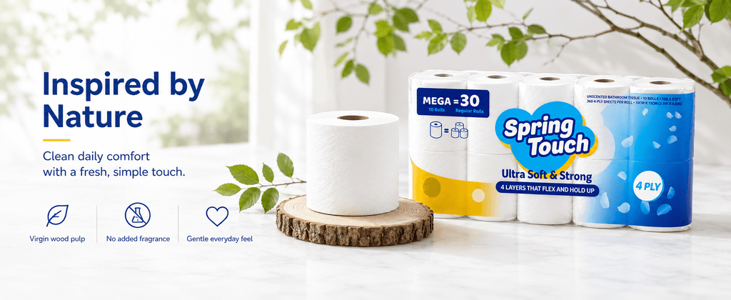 4-Ply Toilet Paper by Spring Touch, Individually Wrapped Unscented Bathroom Tissue Made with 100% Virgin Wood Pulp in 10, 20, 30 or 60 Roll Packs