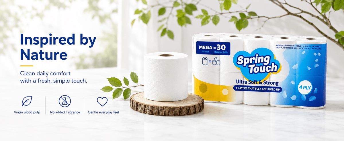 4-Ply Toilet Paper by Spring Touch, Individually Wrapped Unscented Bathroom Tissue Made with 100% Virgin Wood Pulp in 10, 20, 30 or 60 Roll Packs