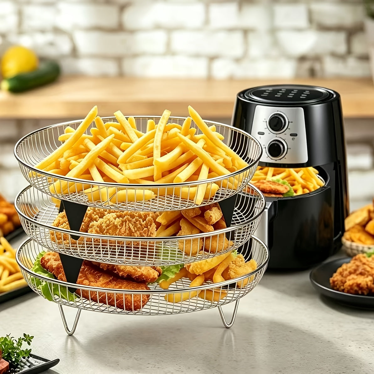 Air Fryer Dehydrating Rack Set in Silvery with Listed Eight Pieces, Stainless Steel Round Stackable Design, Raised Legs and Clips for Compatible Basket Cooking