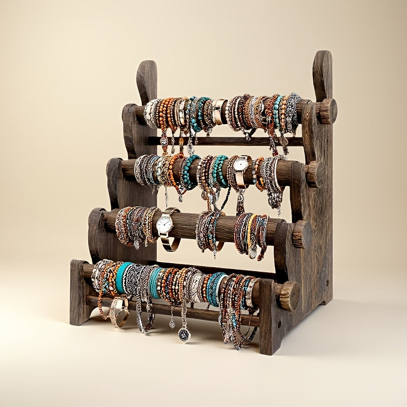 Wooden Bracelet Organizer, 4-Tier Vintage Jewelry Display Rack for Necklaces, Watches and Hair Ties, Desktop Storage for Dresser & Vanity