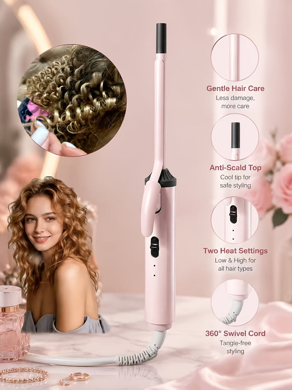 9mm Travel Curling Iron, Ultra-Fine Mini Curling Wand for Tight Curls, Teddy Curls, Airy Bangs & Water Waves, Fast Heating, for Short Hair, Men & Women, Holiday Gift, Pink
