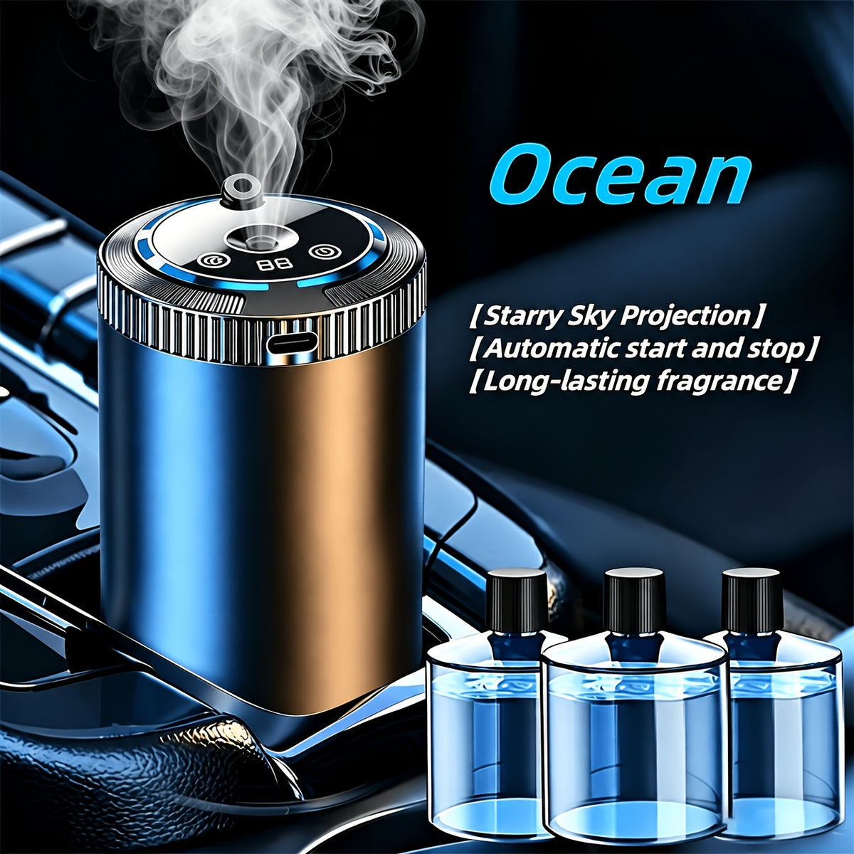 Rechargeable Car Air Freshener Set with Three Fragrance Bottles, Adjustable Smart Diffuser with Automatic Switch and Five Listed Scent Options