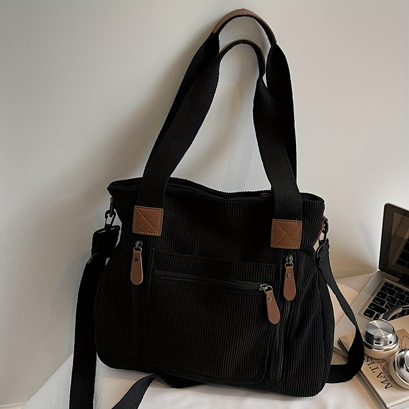Retro Workwear Corduroy Handbag with Multiple Pockets, Women's Adjustable-Strap Shoulder and Crossbody Bag in Black, Grey or Green for Daily Commuting