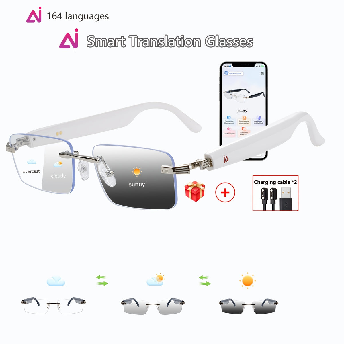 160 Language Translation Smart Glasses, AI Audio Glasses with ChatGPT, HD Calls & HiFi Music, Built-in Mic & Speaker, Photochromic Lenses, Real-Time Translator Eyewear for Travel, Meetings, Men & Women