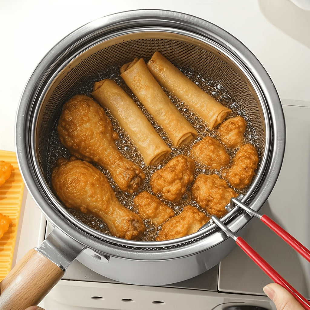 Stovetop Deep Fryer Pot with Frying Basket and Glass Lid, Listed 304 Stainless Steel Tempura Cookware for Fish, Shrimp, Chicken and Fries on Induction or Gas