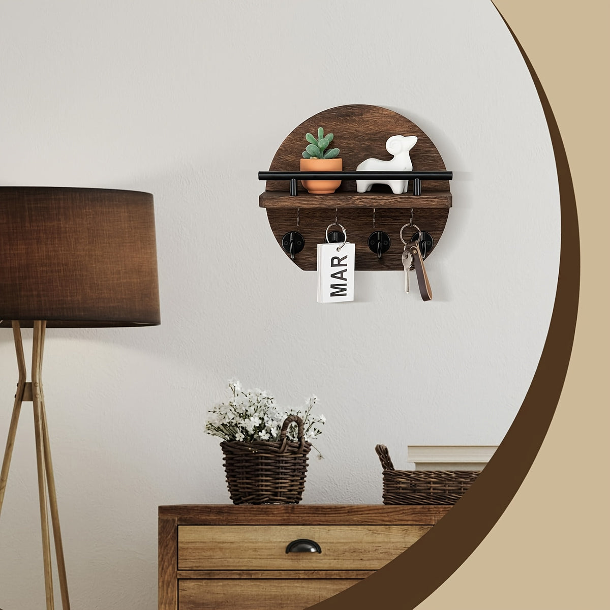 Key Holder with Shelf and Eight Hooks, Round Wooden Wall-Mounted Entryway Organizer in Brown or Natural for Hallway Keys and Everyday Small Accessories