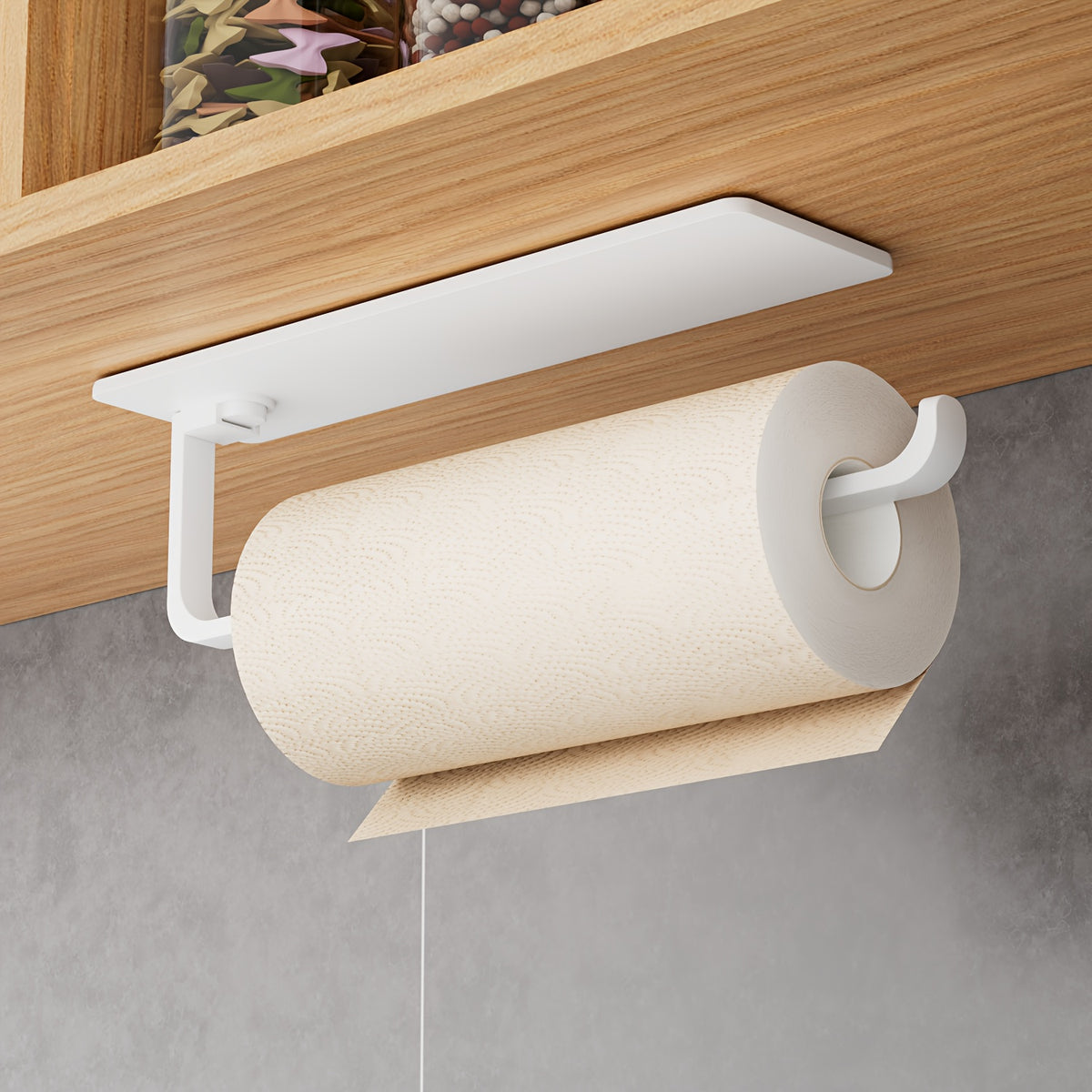 Under Cabinet Paper Towel Holder by Amoichic, Single Plastic Hanging Roll Dispenser in Milky White, Grey or Black for Compact Kitchen and Bathroom Organization