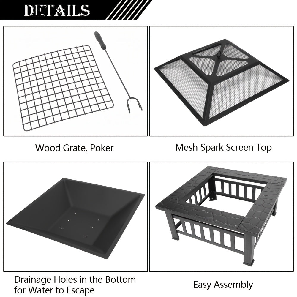 Outdoor Fire Pit in Black Metal with Mesh Screen Lid and Ash Fork, Listed 32-Inch Size for Garden Gathering Areas and Backyard Entertaining
