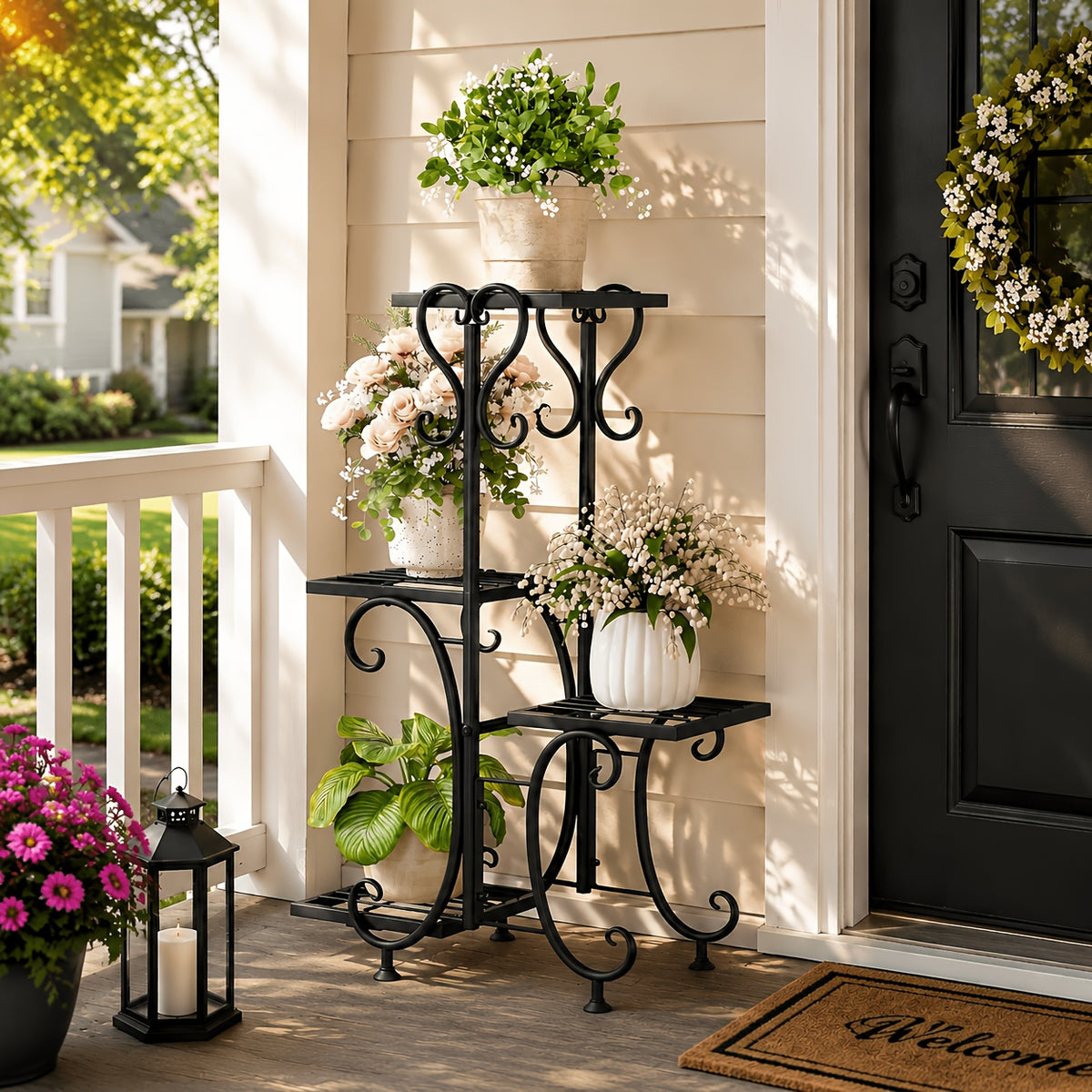 Metal Plant Stand with Listed Four-Tier Flower Pot Display, Decorative Curves and Adjustable Foot Pads in 940 Black or 941 Black Options for Home and Balcony Decor