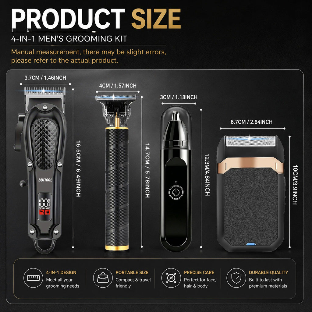 USB Rechargeable Hair Clipper and Trimmer for Men with LCD Display, Cordless Grooming Tool with Black A, Black B and 8-in-1 Gift Box Options