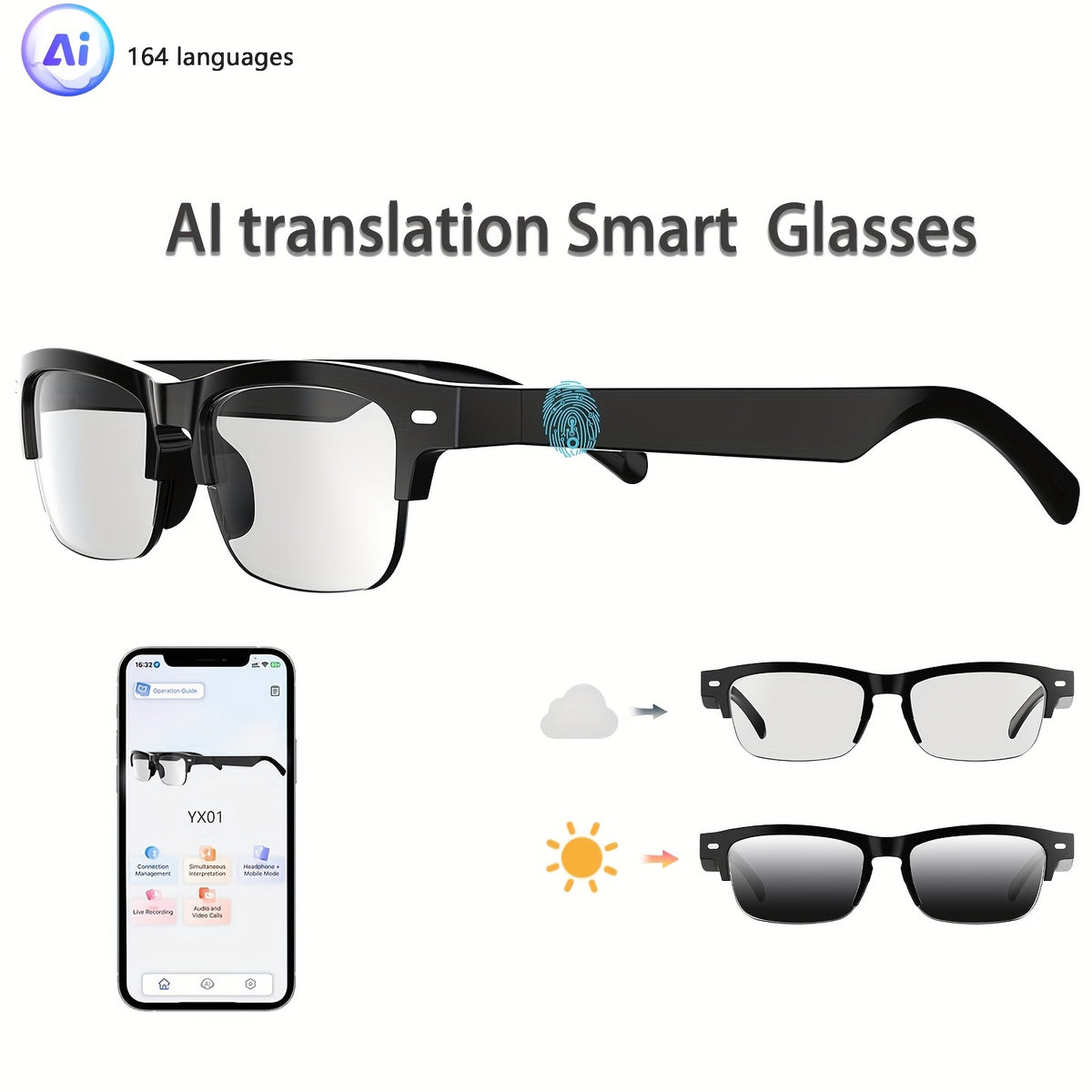 160 Language Translation Smart Glasses, AI Audio Glasses with ChatGPT, HD Calls & HiFi Music, Built-in Mic & Speaker, Photochromic Lenses, Real-Time Translator Eyewear for Travel, Meetings, Men & Women