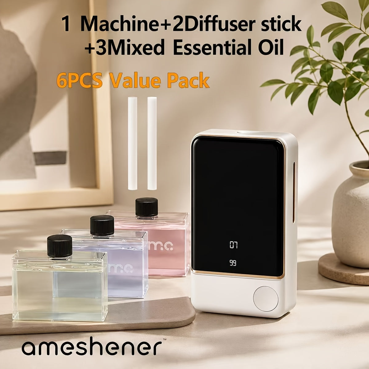 S6 Aroma Diffuser Package Options with Listed 1800mAh Battery, Seven-Speed Control and Digital Display, Essential Oil Set or Machine with Diffusion Rod Labels